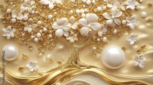 Luxury wallpaper design features golden tree life with white flowers, pearls. 3D mural wallpaper shows delicate details. Elegant design perfect for high-end home decor. Artistic tree shape