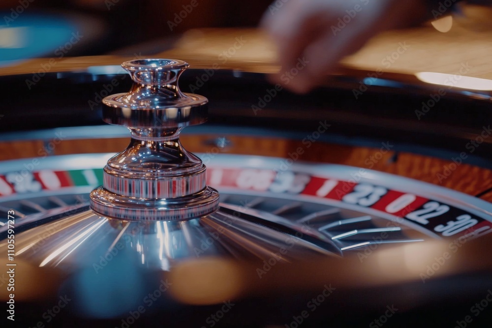 Obraz premium Close-up of a roulette wheel spinning swiftly with numbers clearly visible, showcasing the dynamic motion and high-stakes environment of classic casino gaming.