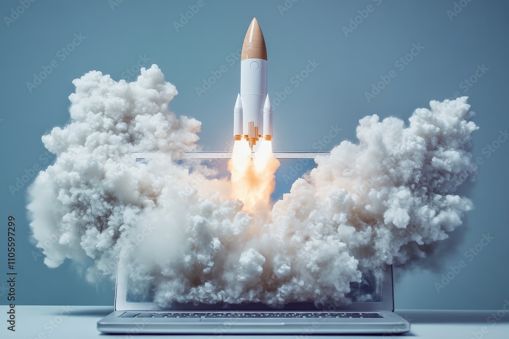A rocket emerges from a laptop amidst clouds and fire, epitomizing growth, cutting-edge technology, and the vast potential of innovation in the digital era. A rocket emerges from a laptop amidst clouds and fire, epitomizing growth, cutting-edge technology, and the vast potential of innovation in the digital era.