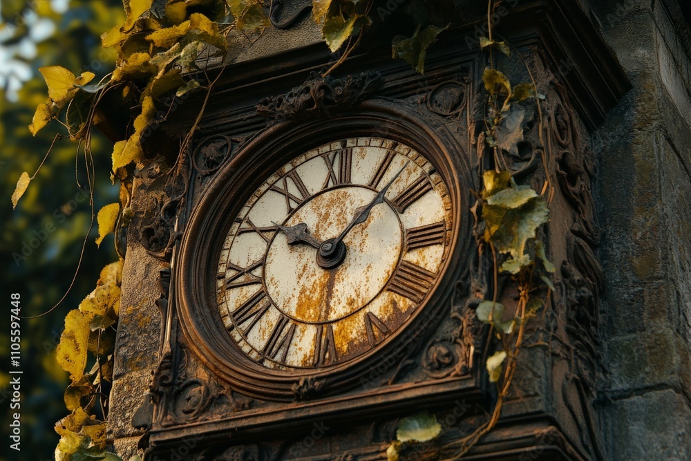Fototapeta premium An intricately designed clock with rust stains and Roman numerals is embraced by lush foliage, highlighting the beauty in decay on an aged structure.