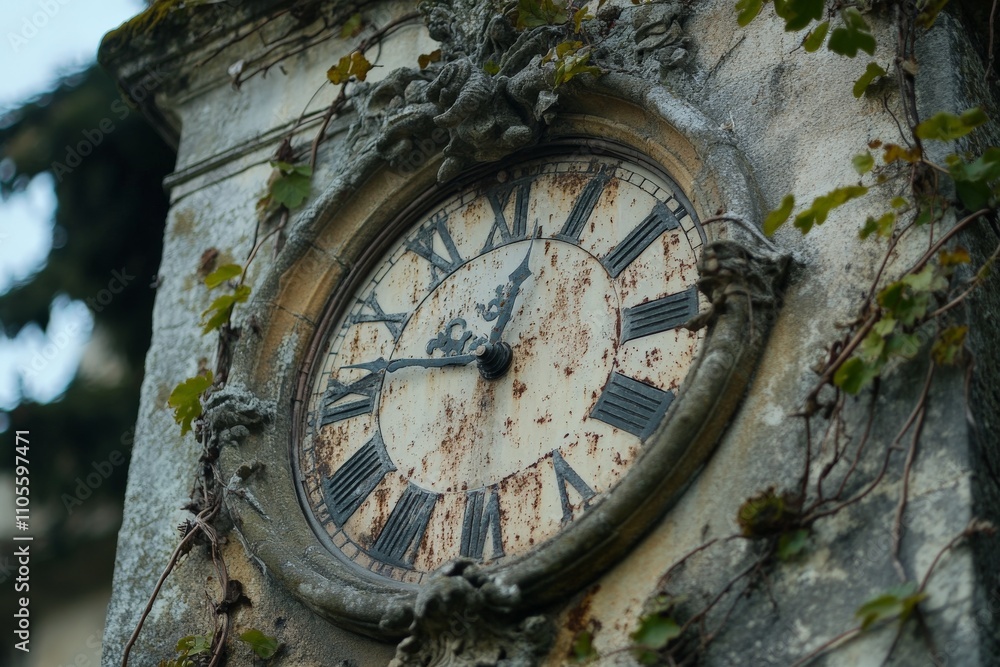Fototapeta premium This vintage clock bears the marks of time with its rusted surface and encircling vines, creating a poetic harmony between nature and architecture.