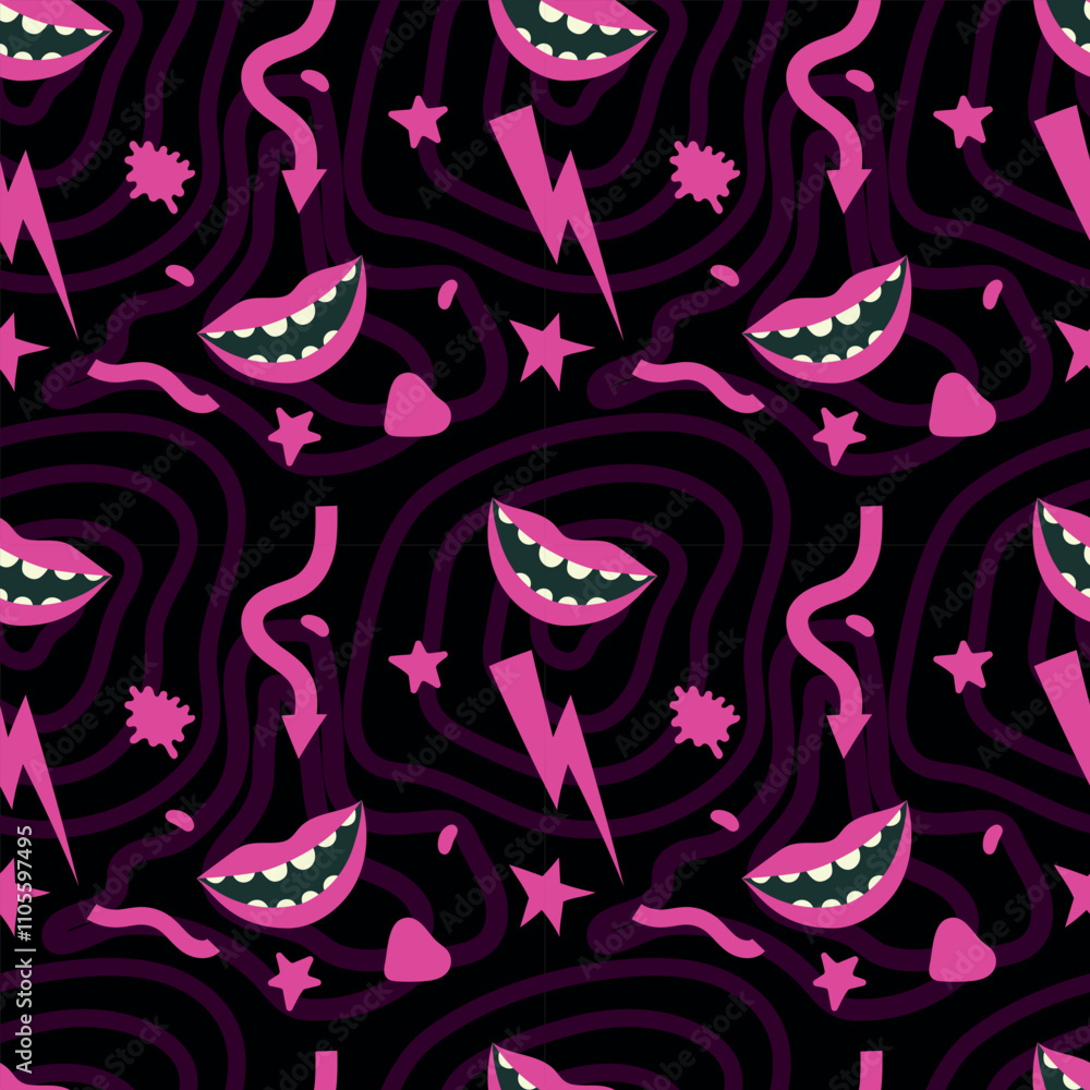 Obraz premium Psychedelic seamless pattern. Pink lips, lightning, star, abstract elements on a black background. Vector illustration for background, fabric, packaging, wrapping paper