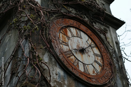 A dilapidated clock face with faded Roman numerals entwined with vines, symbolizing the passage of time and nature's reclamation, adorning a stone tower. photo