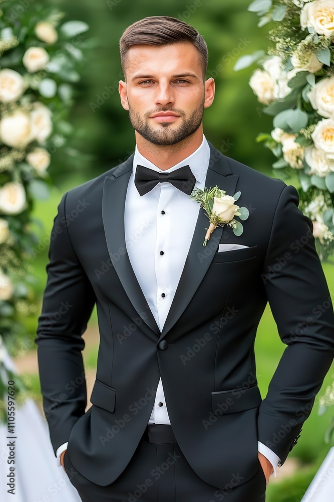 Sophisticated outdoor wedding with black-tie attire and chic decor close up, formal theme, realistic, Fusion, manor garden backdrop Sophisticated outdoor wedding with black-tie attire and chic decor close up, formal theme, realistic, Fusion, manor garden backdrop
