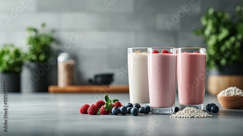 Nutritious protein shake arrangement for a healthy kitchen counter