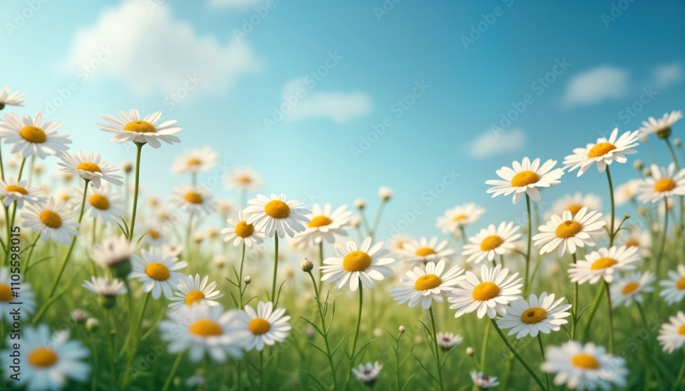 Field of daisies stretches under clear blue sky filled with fluffy white clouds. White daisies with yellow centers bloom abundantly. Green grass provides vibrant backdrop for floral display. Elegant Field of daisies stretches under clear blue sky filled with fluffy white clouds. White daisies with yellow centers bloom abundantly. Green grass provides vibrant backdrop for floral display. Elegant
