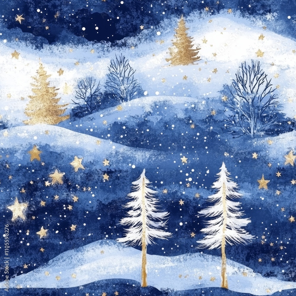 Winter Night Landscape with Snowy Hills and Gold Stars Winter Night Landscape with Snowy Hills and Gold Stars