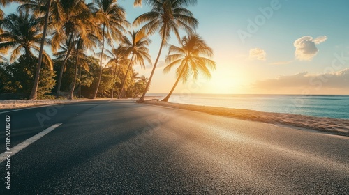 Fototapeta Naklejka Na Ścianę i Meble -  Smooth asphalt road next to sandy beach the warm golden color of sunset background wallpaper AI generated image