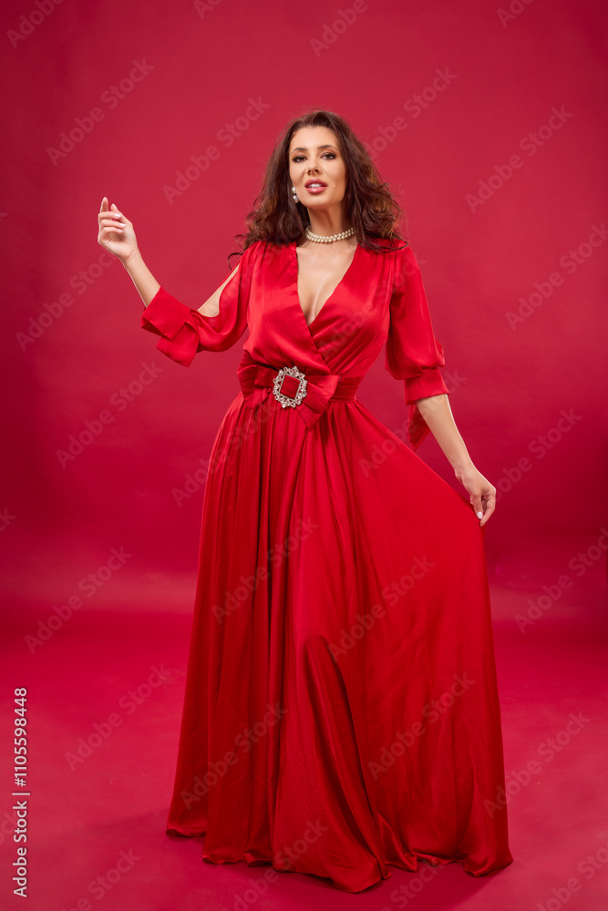 portrait of a woman in a red dress on a red background portrait of a woman in a red dress on a red background