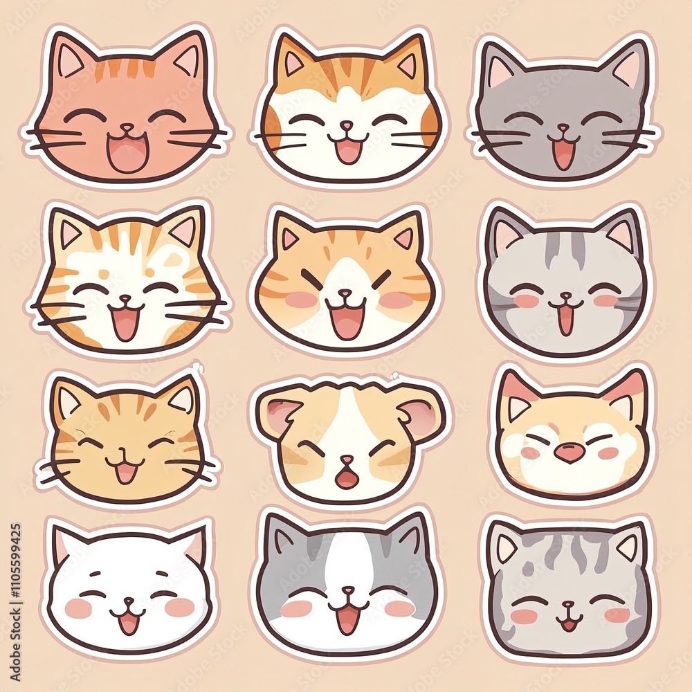 Set of 12 cute cartoon cat faces with different expressions, isolated on a light orange background. Set of 12 cute cartoon cat faces with different expressions, isolated on a light orange background.