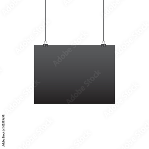 Paper hanging on clip. Poster mockup with black frame. Poster hanging on rope with clips. Realistic empty banner. Vector illustration