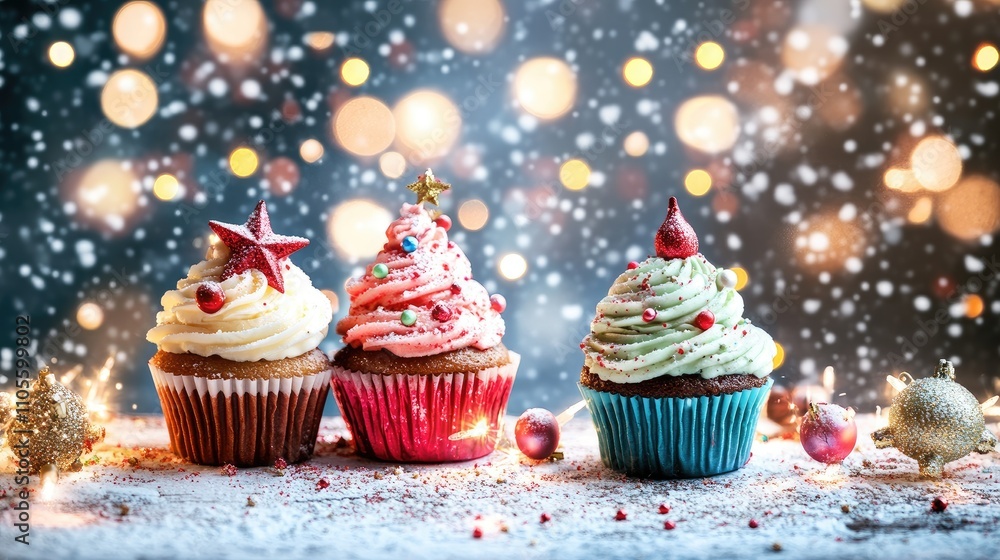 A rainbow of holiday cupcakes with colorful frosting and Christmas-themed decorations, perfect for a fun holiday party. A rainbow of holiday cupcakes with colorful frosting and Christmas-themed decorations, perfect for a fun holiday party.