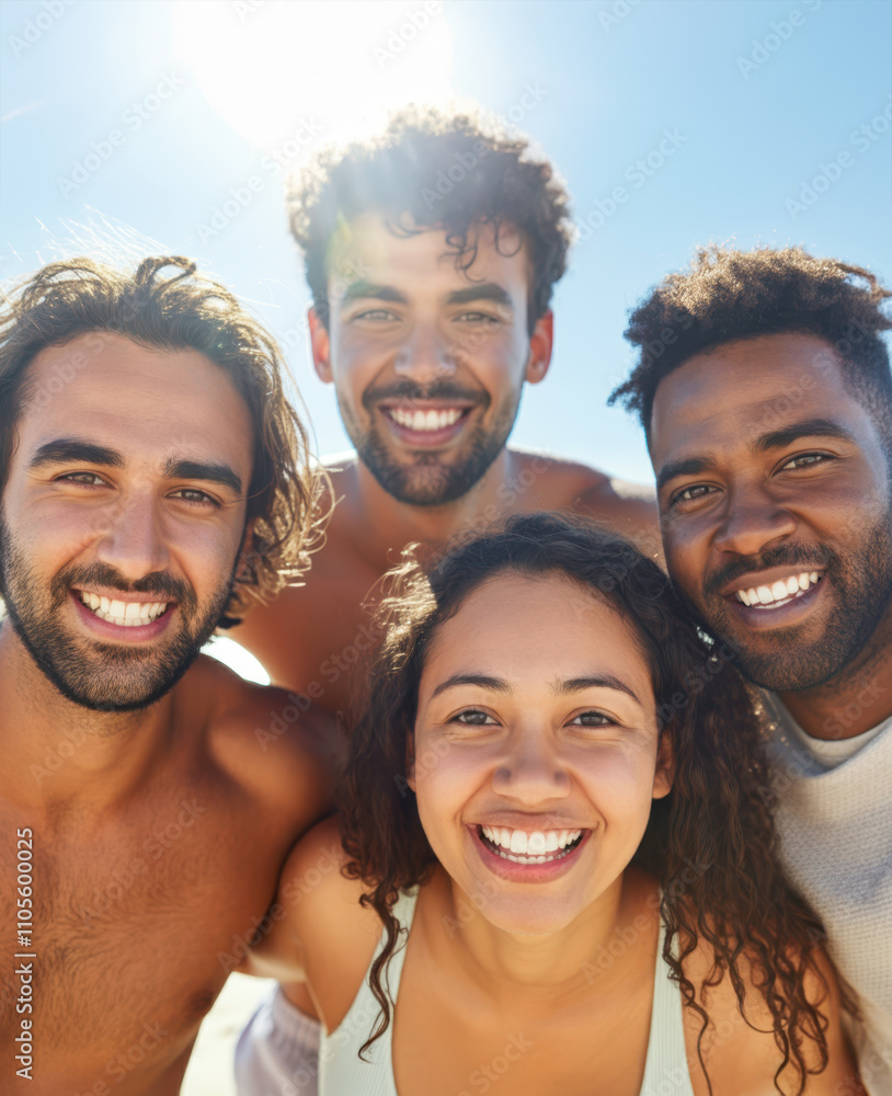 Group of friends having fun at the beach or pool, recreation leisure or holiday summer themed concepts, close up on the faces, backlit sun in the back, various races Group of friends having fun at the beach or pool, recreation leisure or holiday summer themed concepts, close up on the faces, backlit sun in the back, various races