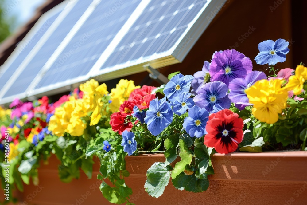 Obraz premium Solar Panel Above Vibrant Colorful Flowers In A Planter