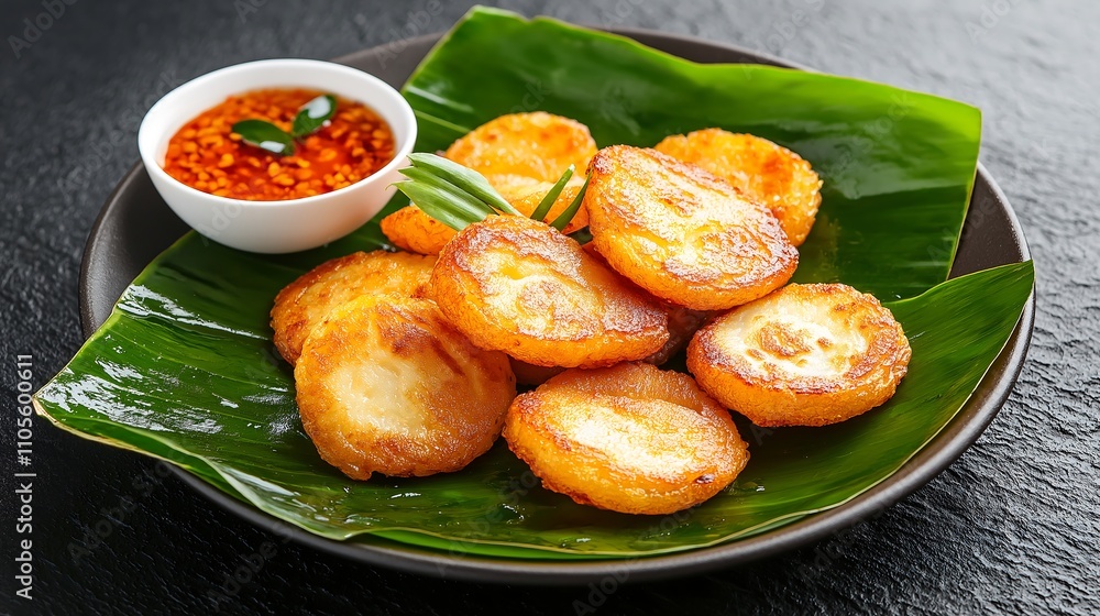 A plate of crispy fried snacks served with a spicy dipping sauce, garnished with green onions on a bed of banana leaves. A plate of crispy fried snacks served with a spicy dipping sauce, garnished with green onions on a bed of banana leaves.