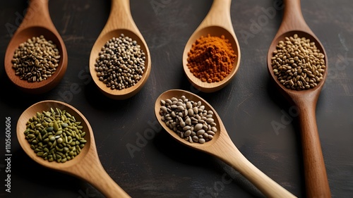 Colorful various herbs and spices in spoons for cooking on dark background