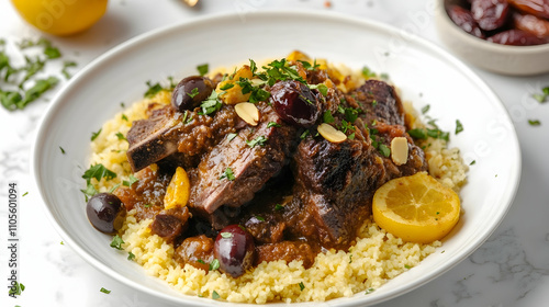 Traditional Moroccan Lamb Tagine with Preserved Lemons, Saffron Couscous, Dates and Rose Petals, Authentic North African Cuisine Photography