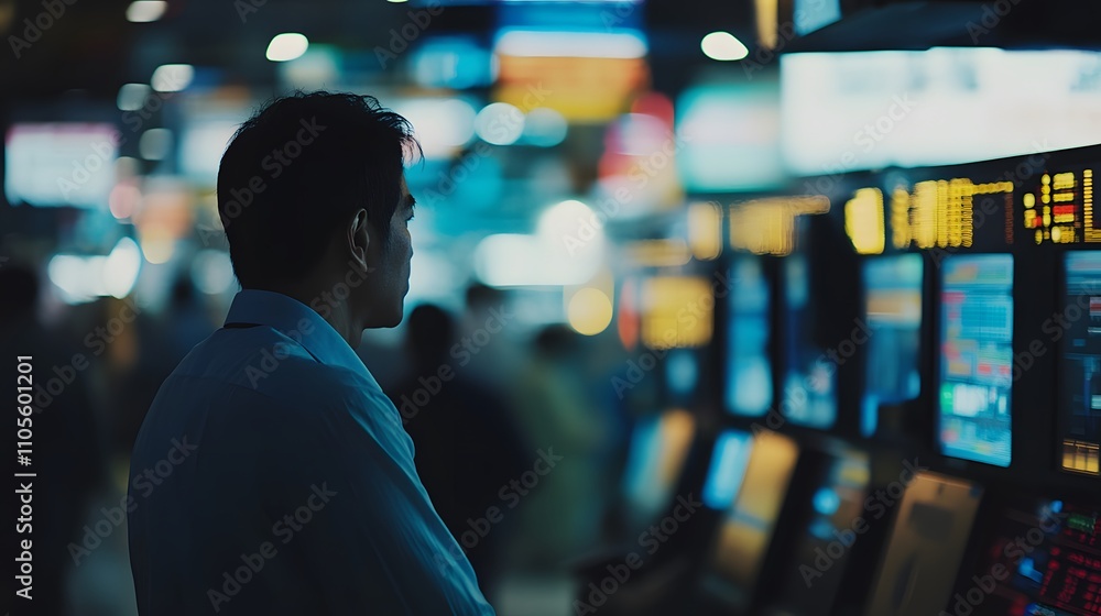 A lone analyst observes market data flickering on countless screens, a captivating scene of intense focus and quiet contemplation in a bustling trading floor. A lone analyst observes market data flickering on countless screens, a captivating scene of intense focus and quiet contemplation in a bustling trading floor.