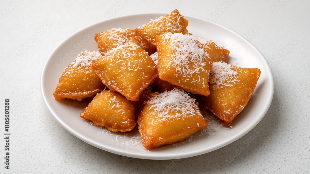 A plate of golden, crispy pastries dusted with powdered sugar, showcasing a delicious treat perfect for snacking or dessert. A plate of golden, crispy pastries dusted with powdered sugar, showcasing a delicious treat perfect for snacking or dessert.