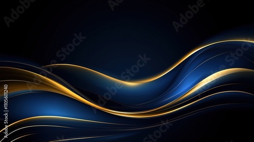 Abstract dark blue wavy gold line curve background. Dynamic design with flowing lines. Sophisticated, modern artistic illustration. Luxurious, elegant visual. Ideal for tech, luxury, fashion. Trendy
