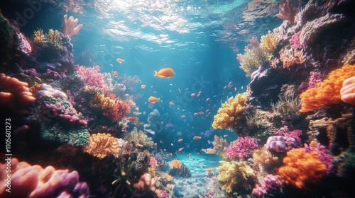 A vibrant underwater scene showcasing colorful corals and tropical fish in a stunning marine environment.