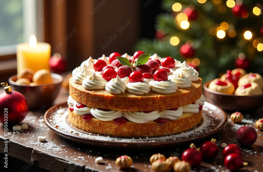 Christmas cream cake on the Christmas table. Christmas cream cake on the Christmas table.