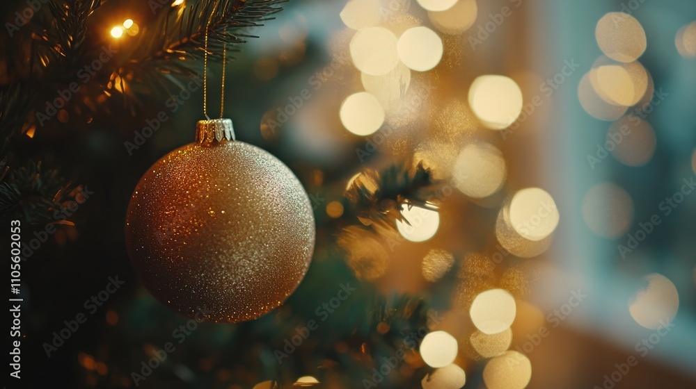Close-up of golden Christmas tree balls with bokeh garlands in the background, capturing a cozy holiday feel and festive New Year spirit Close-up of golden Christmas tree balls with bokeh garlands in the background, capturing a cozy holiday feel and festive New Year spirit