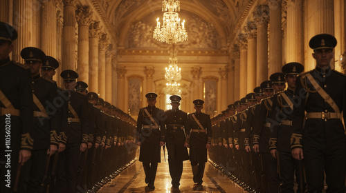 Stately, ornate interior with a grand chandelier and rows of uniformed officers standing at attention, suggesting a highly regimented, authoritarian environment. Military dictatorhip