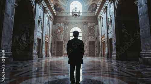 A lone figure of a man stands in awe within a grand, ornately decorated hall, dwarfed by the majestic architecture photo