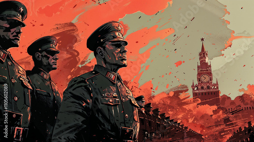 A dramatic illustration depicting a militaristic regime, with a towering Kremlin like structure looming over a parade of uniformed figures under a fiery sky. Military dictatorship illustration