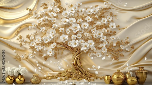 Golden tree with white flowers decorates luxurious silk wall. 3D effect adds depth to floral design. Elegant style. Luxury wallpaper design. Gold ornaments create beautiful visual art. Interior decor