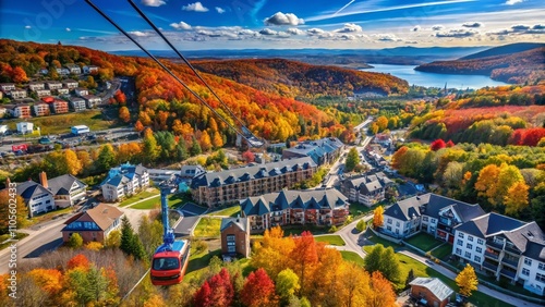 Aerial View of Blue Mountain Resort and Village in Autumn from Open Air Gondola in Collingwood, Ontario - Stunning Fall Foliage and Scenic Landscape Capture