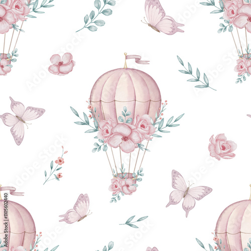 Papier peint Seamless watercolor Pattern with pink hot air balloon, flowers and butterflies
