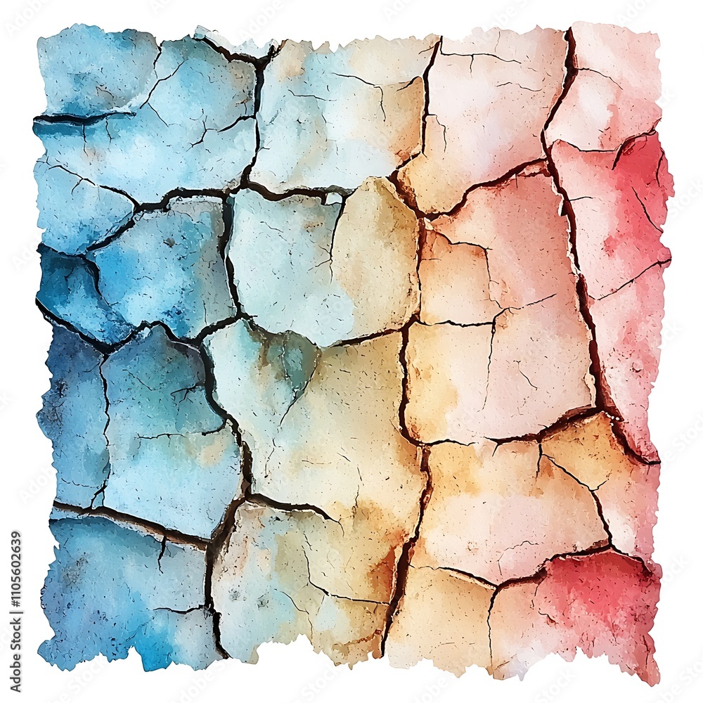 Abstract Watercolor Painting of Cracked Earth in Hues of Blue, Beige, and Red. Abstract Watercolor Painting of Cracked Earth in Hues of Blue, Beige, and Red.