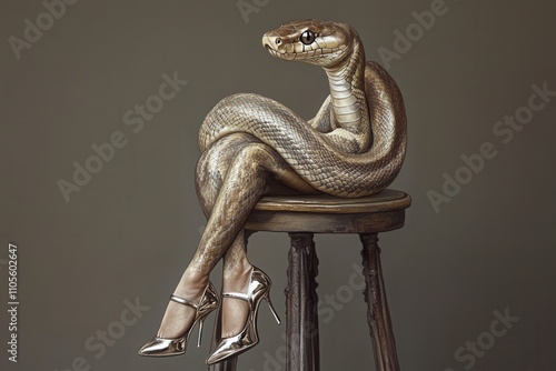 Snake with woman legs wearing high heels sitting on stool photo