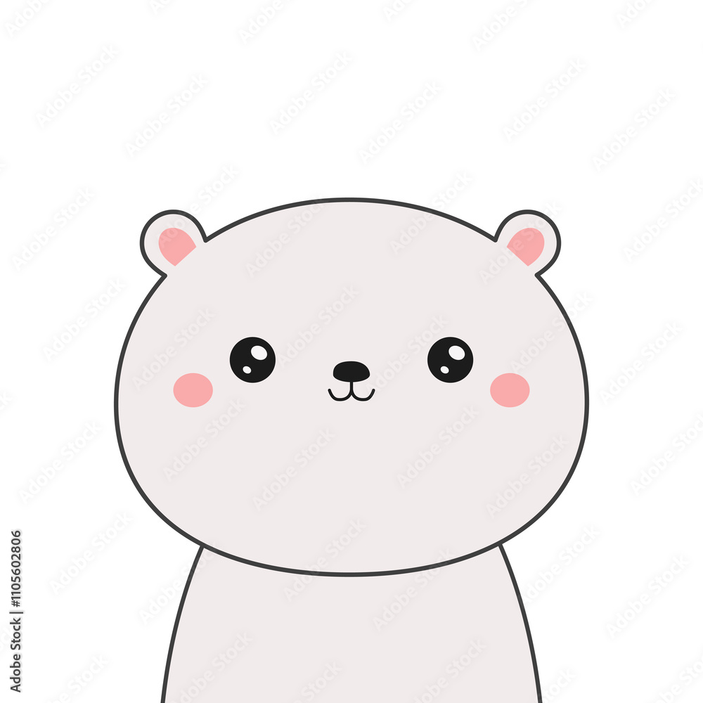 White polar bear face. Black contour doodle silhouette. Kawaii animal. Cute cartoon character. Funny baby with eyes, nose, pink ears, cheeks. Love Greeting card. Flat design. White background. Vector White polar bear face. Black contour doodle silhouette. Kawaii animal. Cute cartoon character. Funny baby with eyes, nose, pink ears, cheeks. Love Greeting card. Flat design. White background. Vector