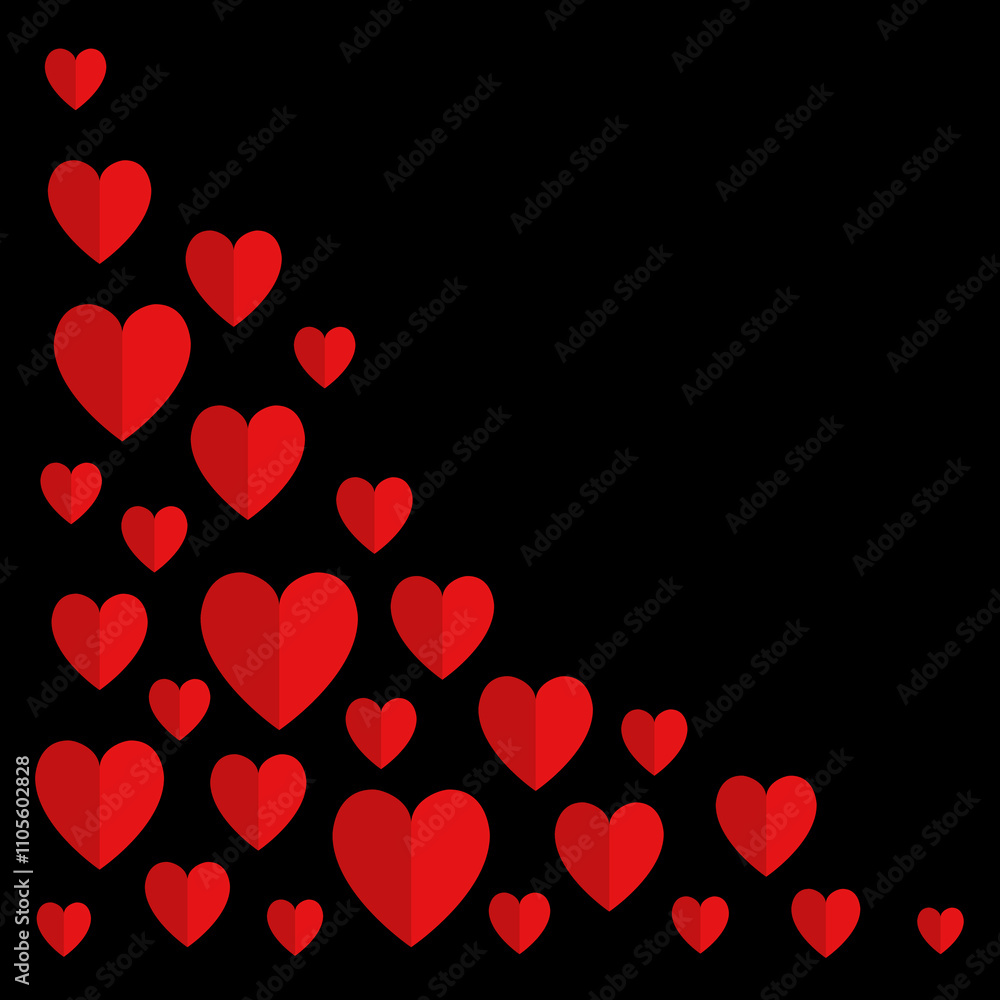 Red heart set. Happy Valentine's Day. Origami paper hearts corner. Cute flying half heart. Poster, flyer, love greeting card, banner template. Flat design. Black background.half heart corner black Red heart set. Happy Valentine's Day. Origami paper hearts corner. Cute flying half heart. Poster, flyer, love greeting card, banner template. Flat design. Black background.half heart corner black