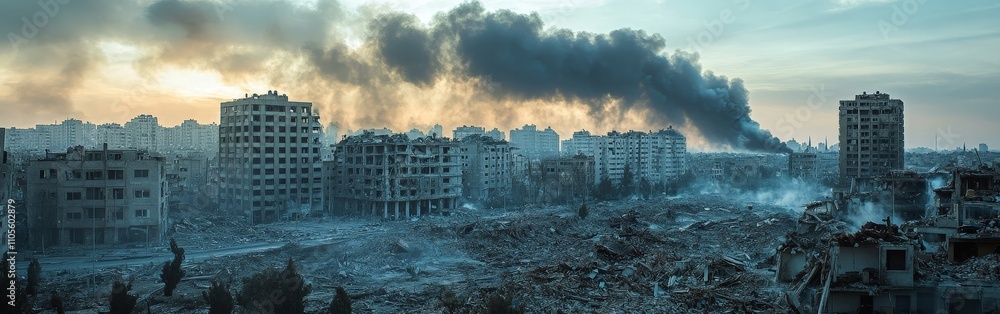 Dust clouds rise over city demolition in dramatic urban scene Dust clouds rise over city demolition in dramatic urban scene