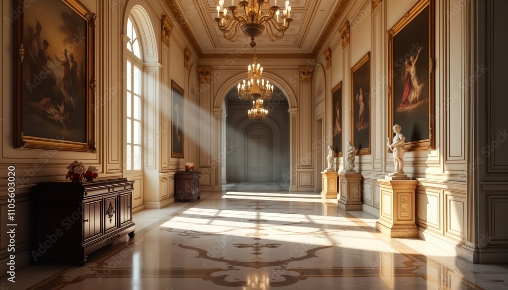 Fototapeta premium Empty vintage hall with classic paintings, sculptures. Sunbeams highlight marble floor. Luxury interior. Spacious museum hall private home. Elegant style. Rich decor. No people. Renaissance art