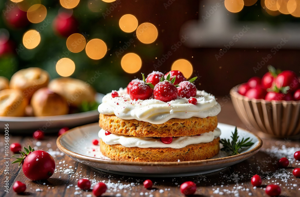 Christmas cream cake on the Christmas table. Christmas cream cake on the Christmas table.