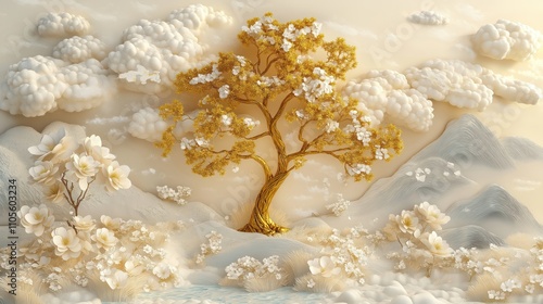 Golden tree with white flowers in 3D landscape scene. Soft beige colors, fluffy clouds create peaceful atmosphere. Gentle mountains, flowing water add depth to illustration. Wallpaper design evokes