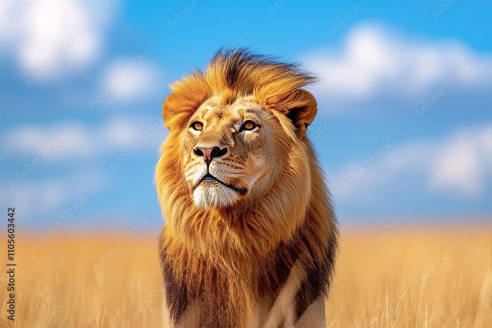 Majestic Lion in African Savannah with Blue Sky and Clouds in Background Majestic Lion in African Savannah with Blue Sky and Clouds in Background