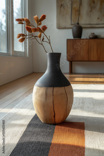 vase minimaliste et tapis moderne, motifs géométriques, tons gris et moutarde, texture douce, mobilier, décoration, objet 3D réaliste, HDR, photographie immobilière, décoration, tendance photo