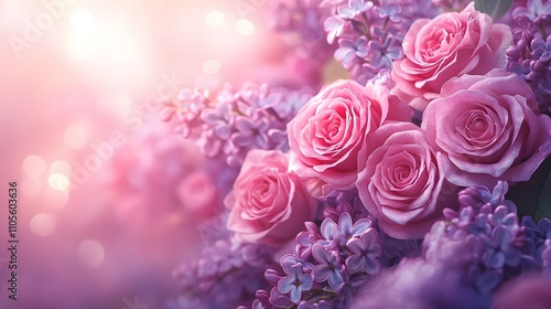 Elegant floral arrangement combining pink roses and purple lilacs with soft bokeh background, creating dreamy atmosphere with ethereal lighting and macro details.
