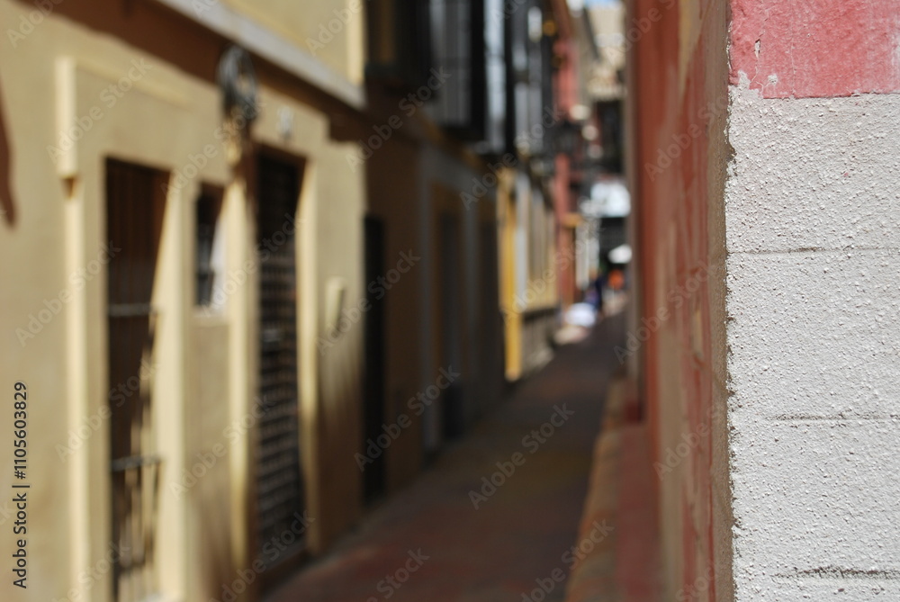 A blurred view of a narrow alleyway in an urban area with colorful walls and doors. A blurred view of a narrow alleyway in an urban area with colorful walls and doors.