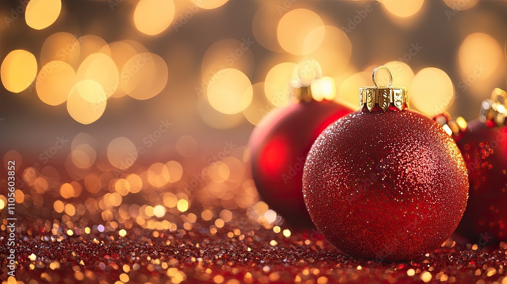 Fototapeta premium Festive red and gold holiday glow: A warm, defocused background of red and gold bokeh glitters, invoking holiday cheer with vintage-inspired brightness.