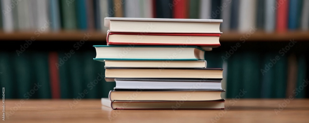 Stack of Colorful Books on Wooden Table in Cozy Library Setting Stack of Colorful Books on Wooden Table in Cozy Library Setting
