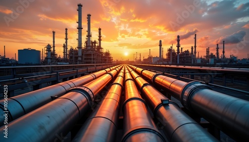 Large oil, gas refinery plant at sunset. Rows of metal pipes for oil, gas transportation lead into distance. Industrial facility structure at golden hour. Energy production, power, infrastructure photo