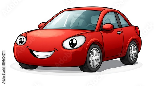 A clip art of a cartoon-style car in bright red with smiling headlights on a white background