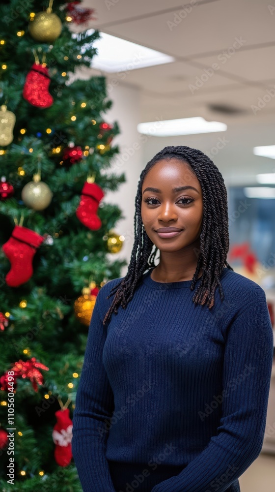 Half body shot of an African woman with braids, wearing a navy blue sweater, standing in a decorated office lounge with a large Christmas tree and stockings on the wall, copy space, holiday Half body shot of an African woman with braids, wearing a navy blue sweater, standing in a decorated office lounge with a large Christmas tree and stockings on the wall, copy space, holiday